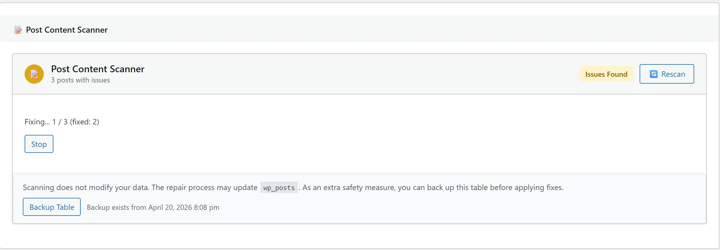 Post Content Scanner mid-fix — the rewriter advancing through posts one at a time, updating stale URLs in post_content with progress and per-post status
