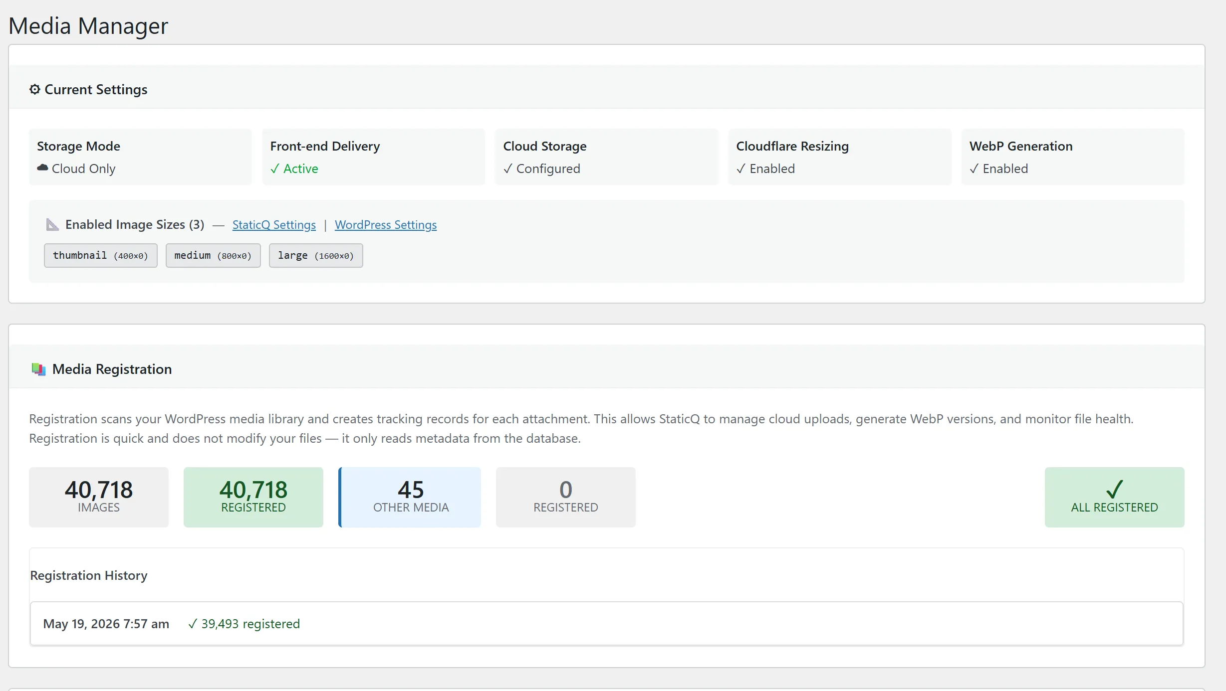 Side-by-side: the Optimole dashboard with its visits/CDN traffic metering on one side, and the StaticQ Media Manager with its scanners and queue on the other — illustrating the difference between a metered SaaS dashboard and a self-hosted media pipeline