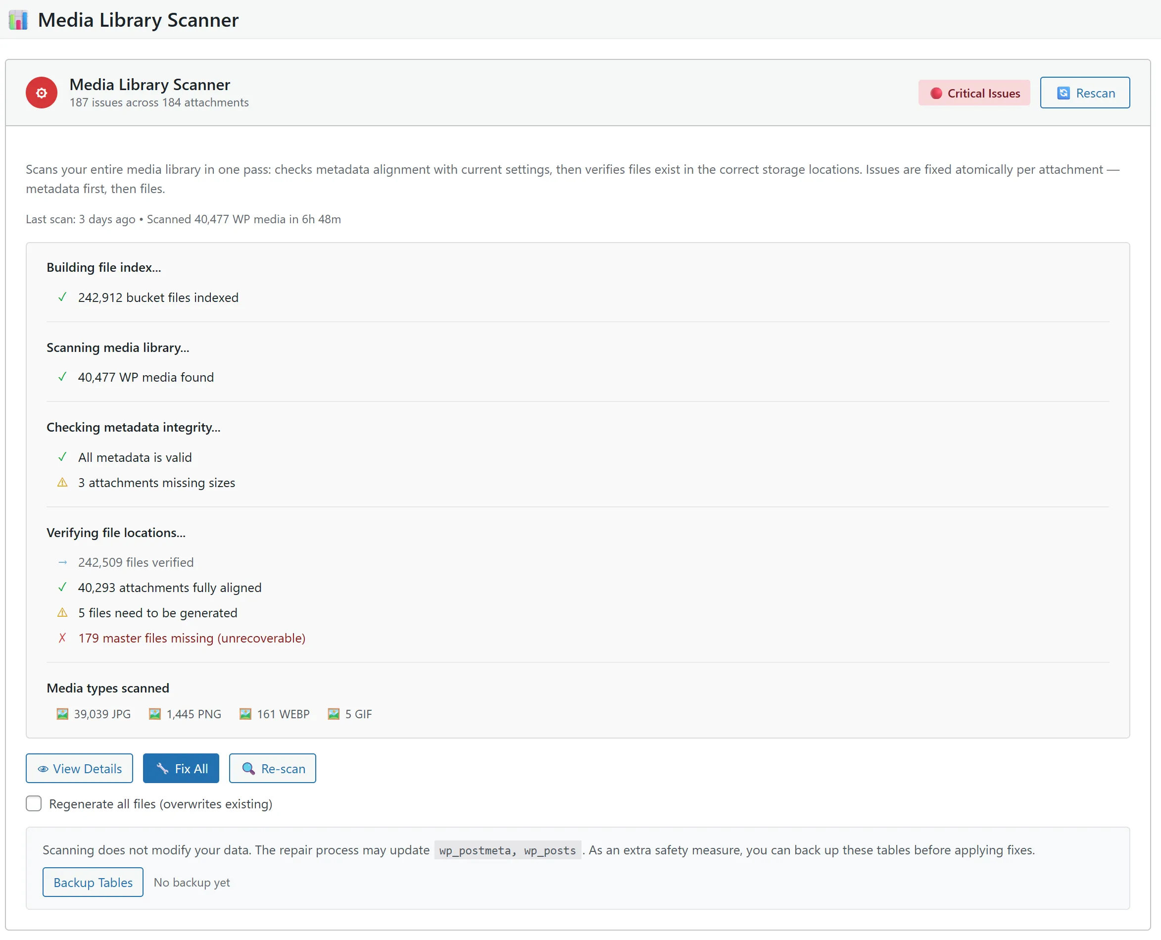 StaticQ Media Manager with the three scanners (Media Library, Post Content, Orphan Detection) and the processing queue visible in one view — the same dashboard that handles offload status, optimization progress, and library health