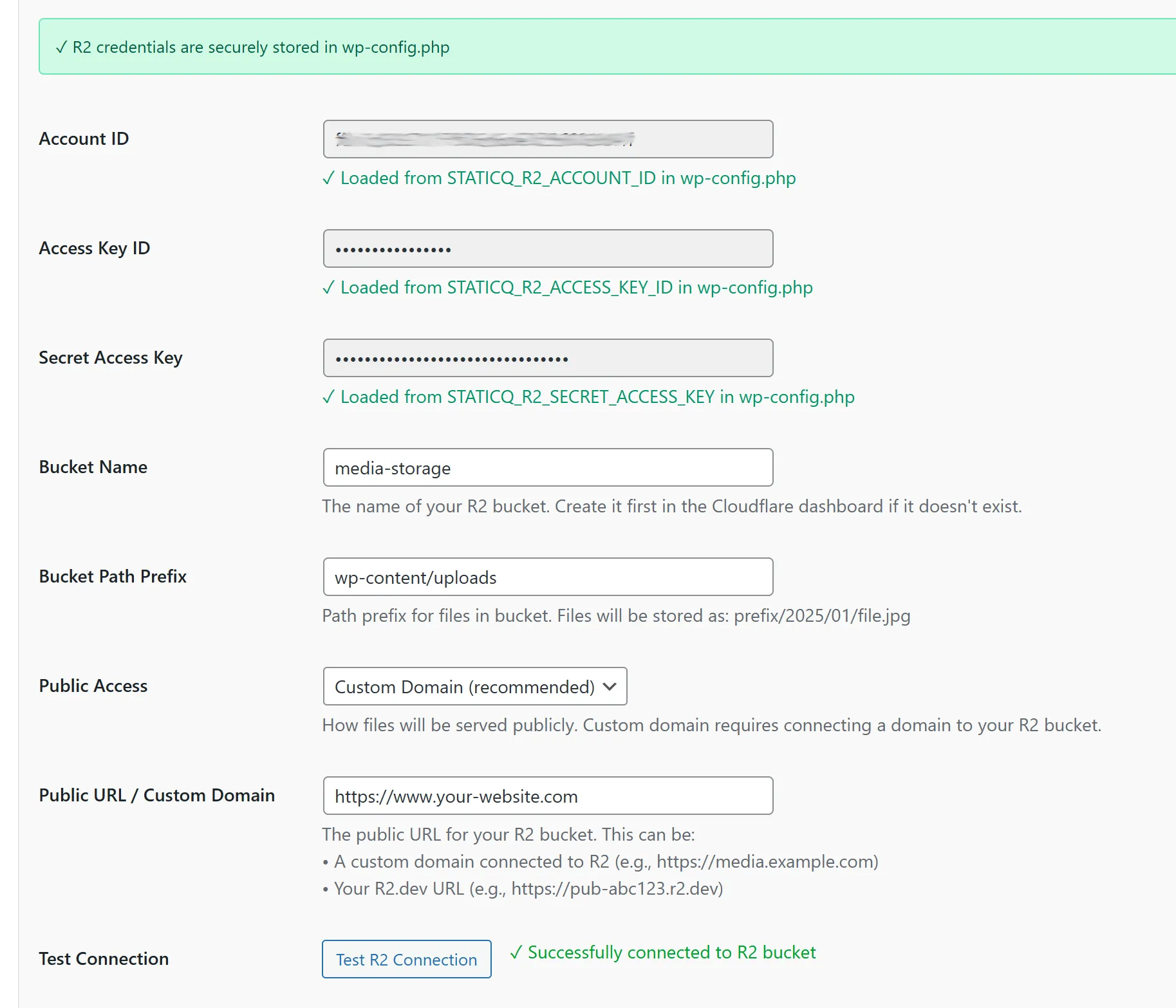 StaticQ Media settings page showing R2 credentials filled in and a successful connection test result