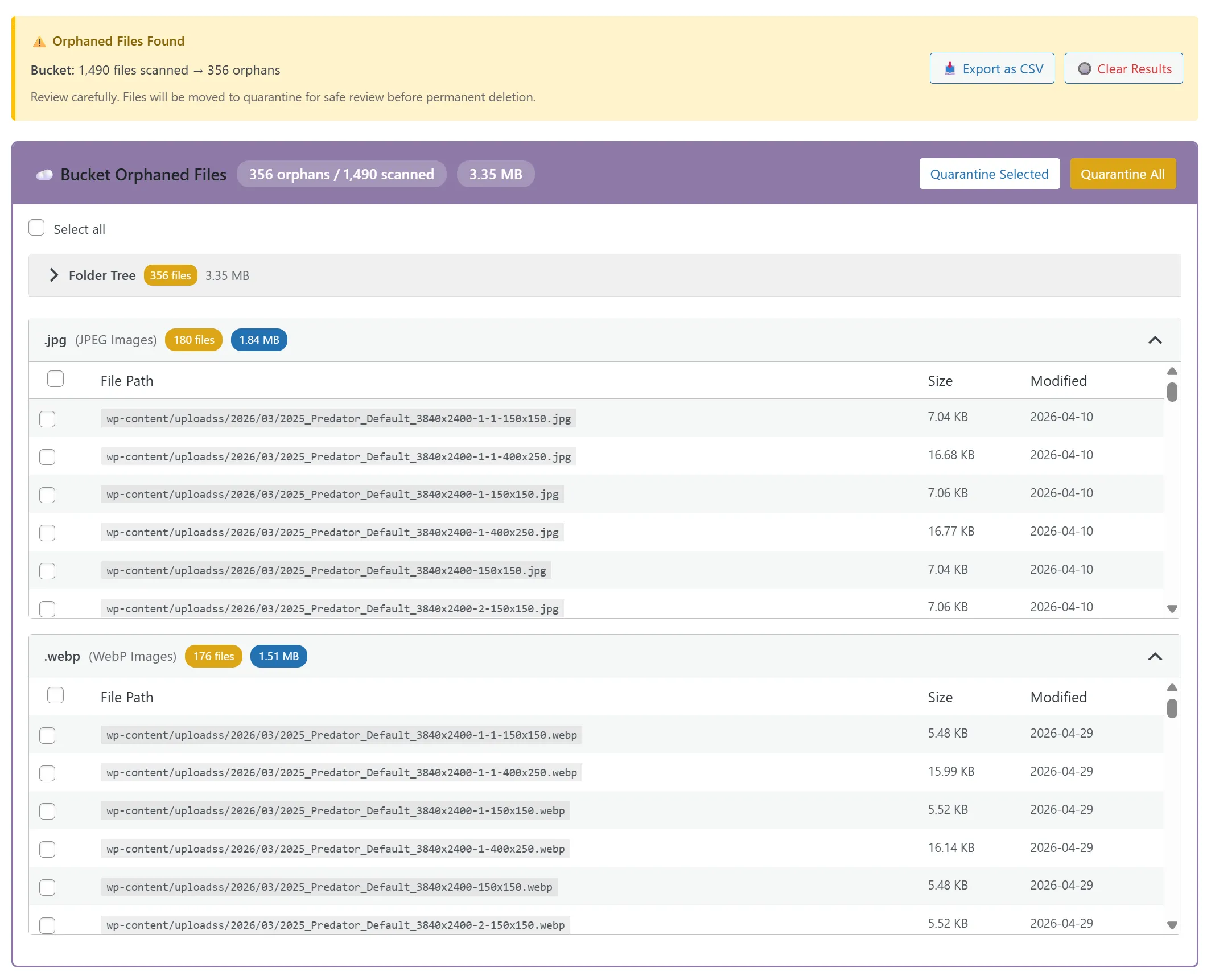 Orphan Detection results — deprecated thumbnail files left behind by the previous theme, surfaced for review and quarantine